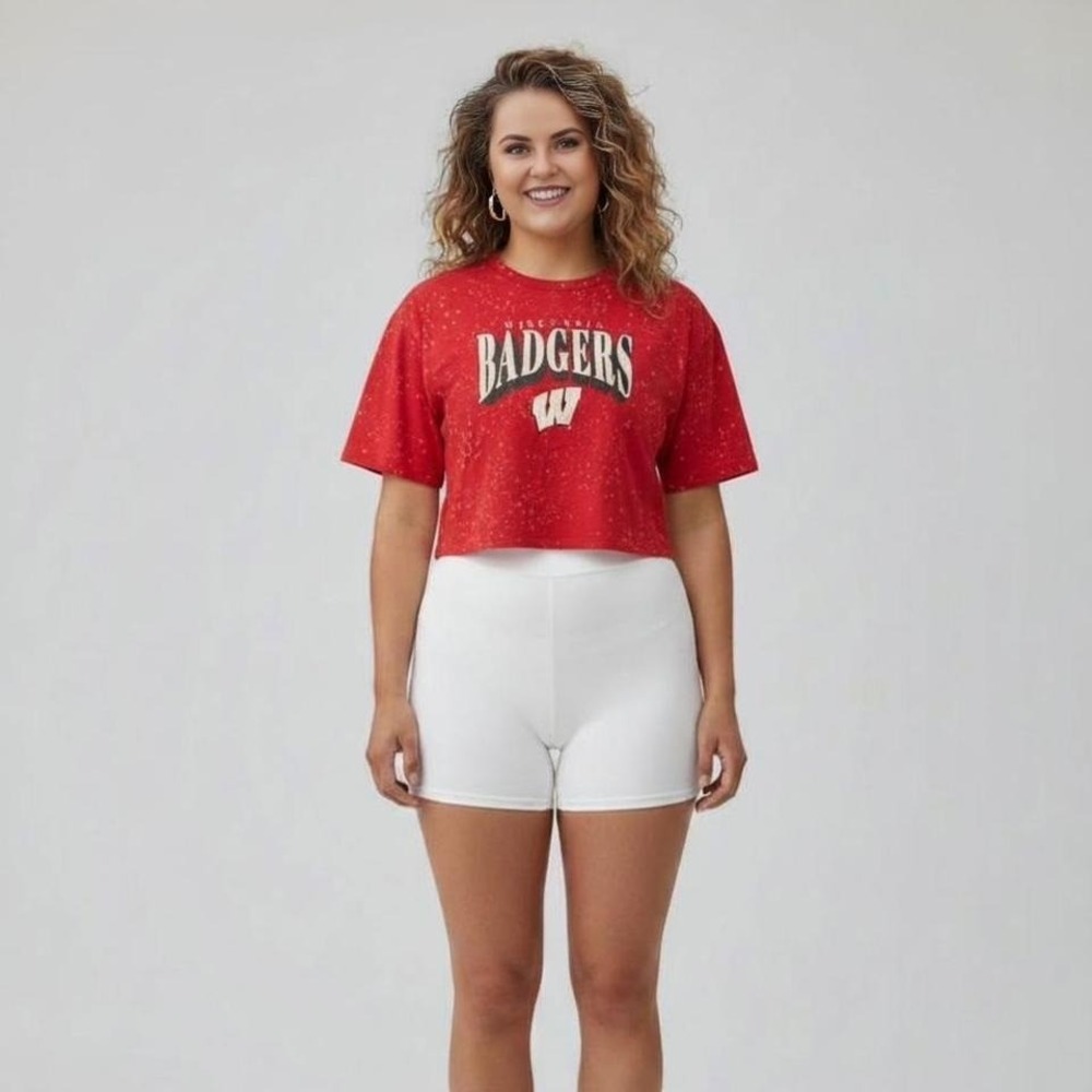 WEAR by Erin Andrews Wisconsin Badgers Red Bleach Splatter Crop Top XL
